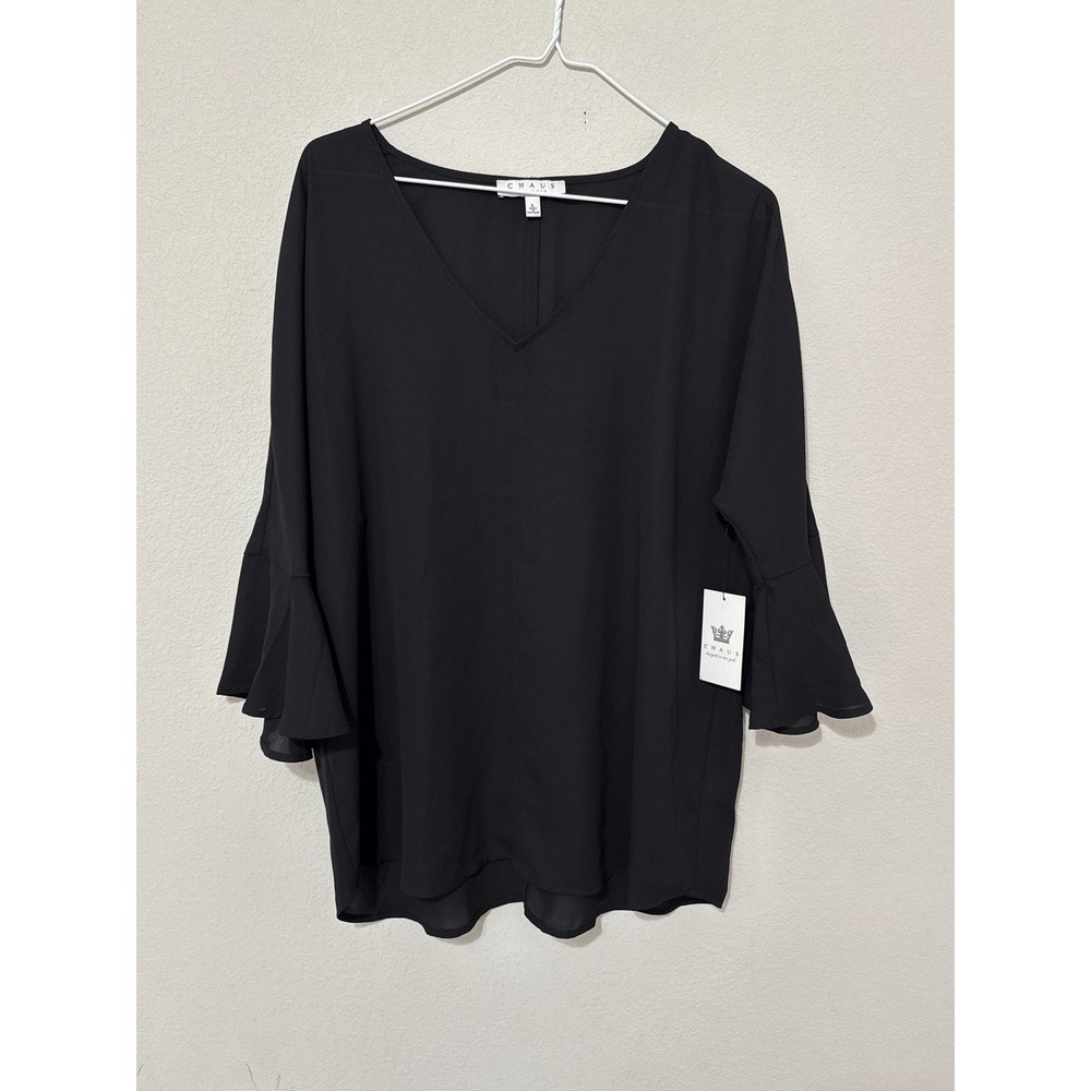 NWT Chaus‎ V-Neck Sheer Blouse Womens Large Black Tiered Bell Sleeve Top